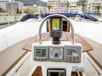 Cockpit of Okyrroy, a Bavaria 40 sailboat at Kavala, Greece