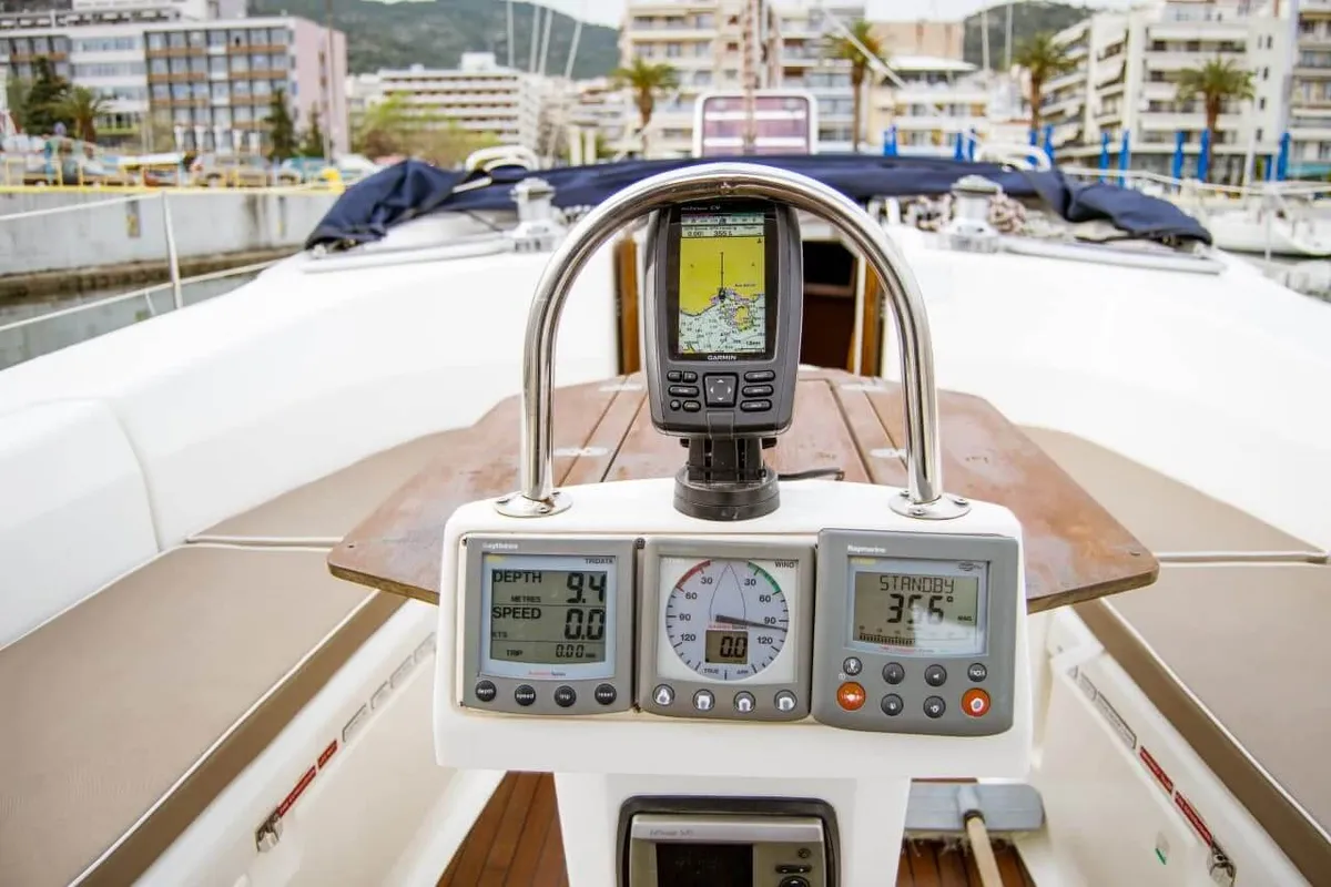 Cockpit of Okyrroy, a Bavaria 40 sailboat at Kavala, Greece