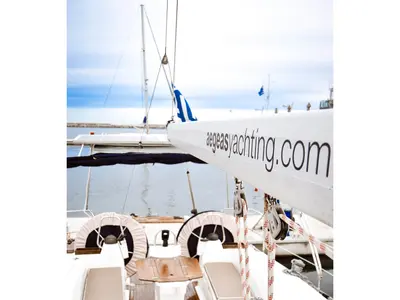 Deck of Okyrroy, a Bavaria 40 sailboat at Kavala, Greece