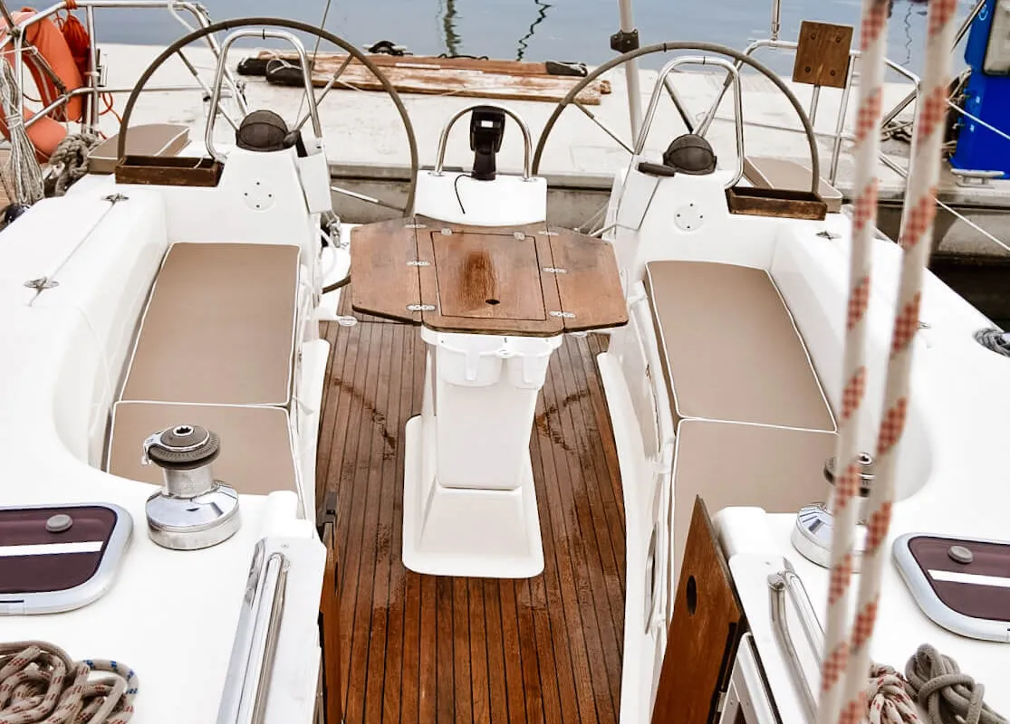 Cockpit of Okyrroy, a Bavaria 40 sailboat at Kavala, Greece