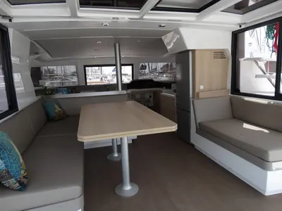 Salon of FUNSEA, a Bali 4.1 catamaran at Lefkada, Greece