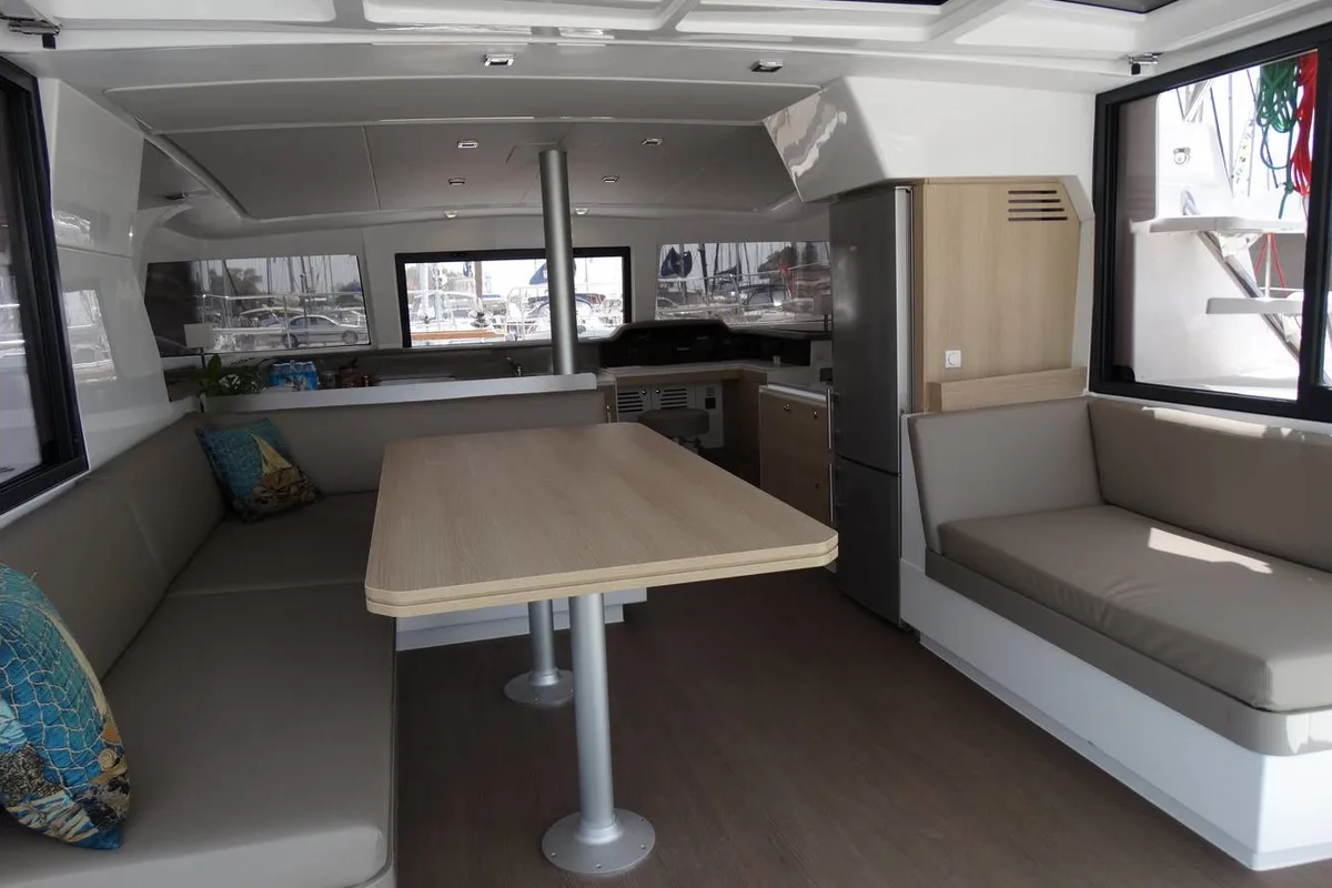 Salon of FUNSEA, a Bali 4.1 catamaran at Lefkada, Greece