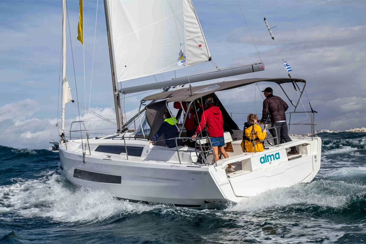 Exterior view of Alma, a Dufour 37 sailboat at Athens, Greece