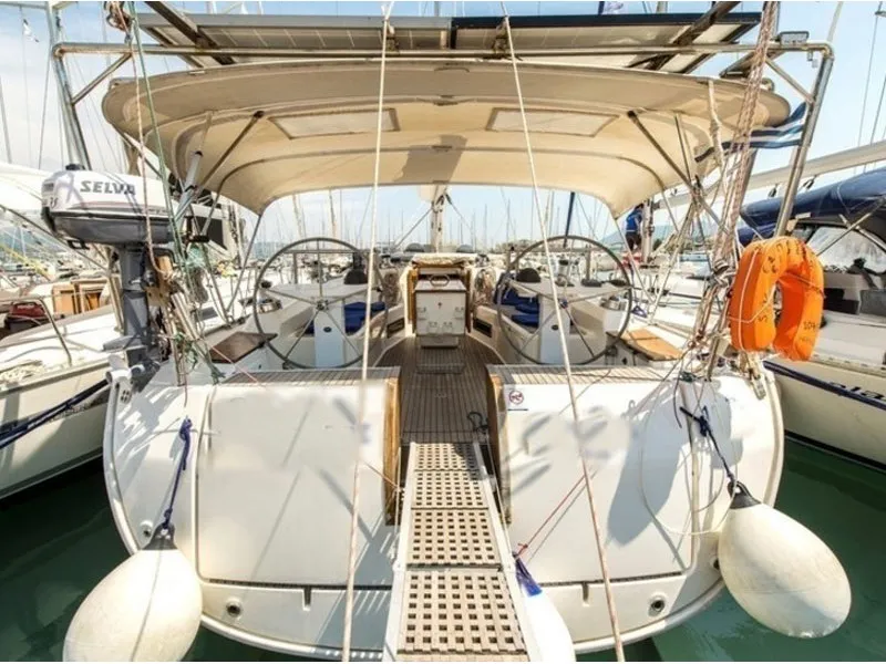 Exterior view of Esperos, a Bavaria 45 Cruiser sailboat at Sami, Greece