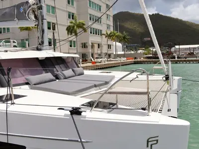 Deck of Wish You Were Here, a Fountaine Pajot Lucia 40 catamaran at Road Town, British Virgin Islands