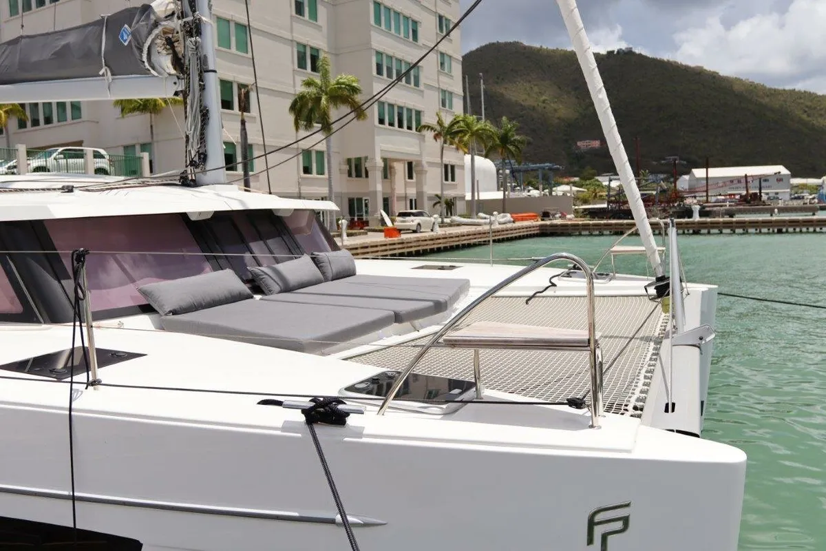Deck of Wish You Were Here, a Fountaine Pajot Lucia 40 catamaran at Road Town, British Virgin Islands