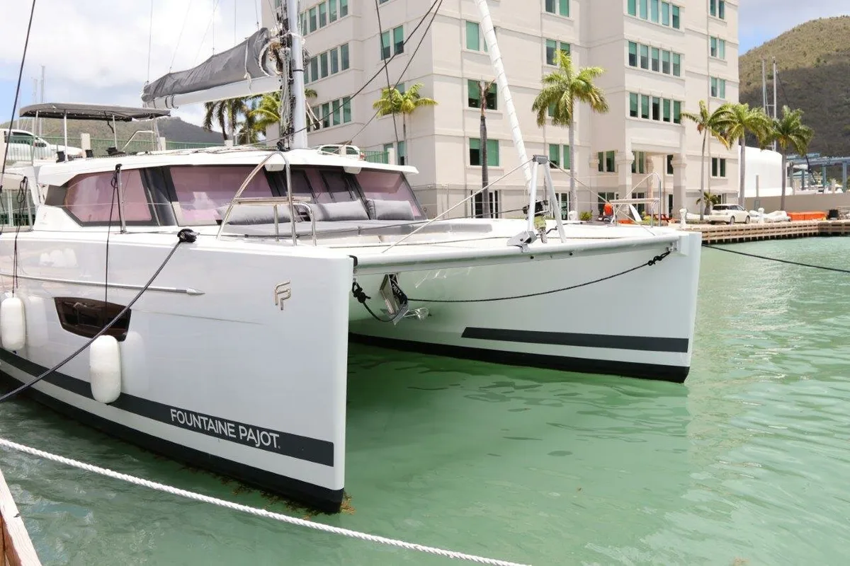 Exterior view of Wish You Were Here, a Fountaine Pajot Lucia 40 catamaran at Road Town, British Virgin Islands