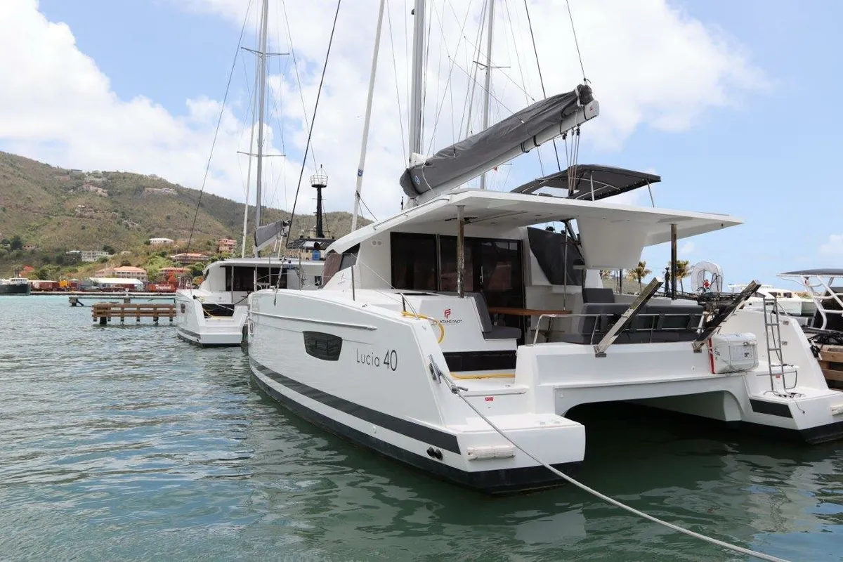 Exterior view of Wish You Were Here, a Fountaine Pajot Lucia 40 catamaran at Road Town, British Virgin Islands