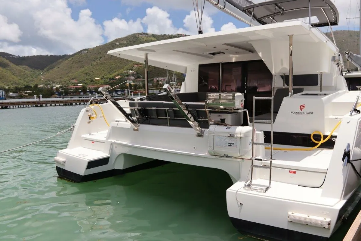 Exterior view of Wish You Were Here, a Fountaine Pajot Lucia 40 catamaran at Road Town, British Virgin Islands
