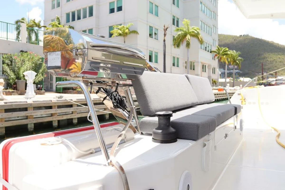 Deck of Wish You Were Here, a Fountaine Pajot Lucia 40 catamaran at Road Town, British Virgin Islands