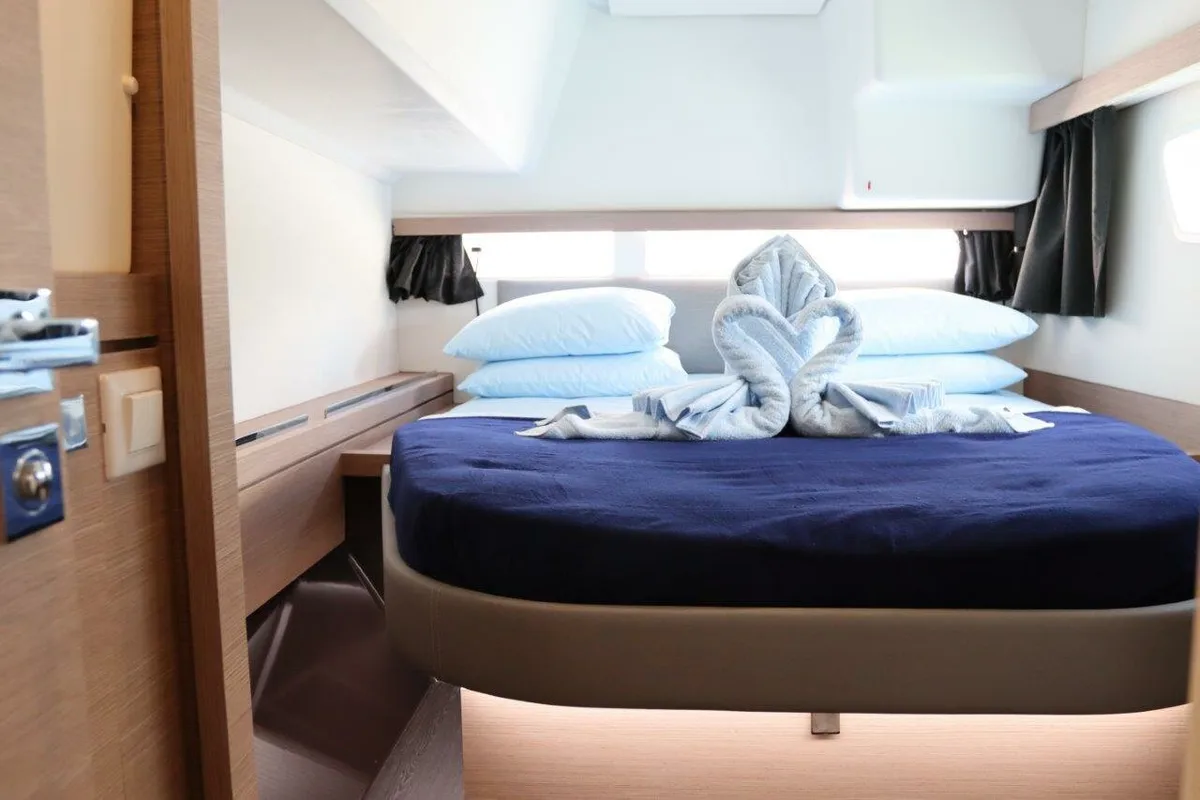 Cabin on Wish You Were Here, a Fountaine Pajot Lucia 40 catamaran at Road Town, British Virgin Islands