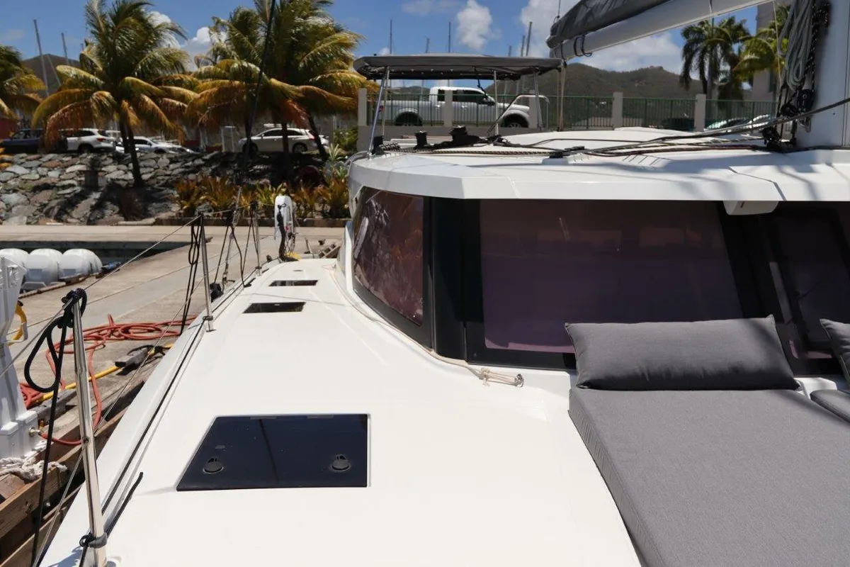 Deck of Wish You Were Here, a Fountaine Pajot Lucia 40 catamaran at Road Town, British Virgin Islands