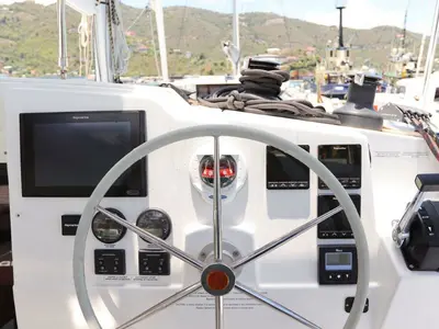 Cockpit of Wish You Were Here, a Fountaine Pajot Lucia 40 catamaran at Road Town, British Virgin Islands