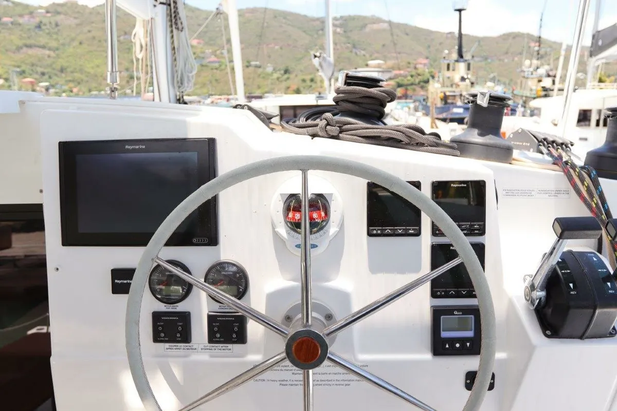 Cockpit of Wish You Were Here, a Fountaine Pajot Lucia 40 catamaran at Road Town, British Virgin Islands