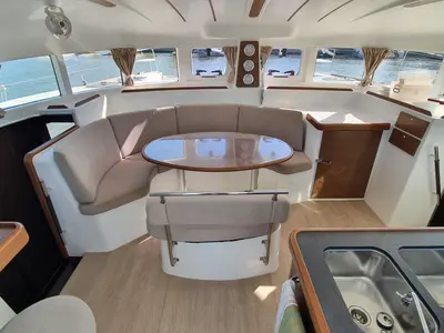 Salon of Tarawa III, a Lagoon 380 catamaran at Hyères, France