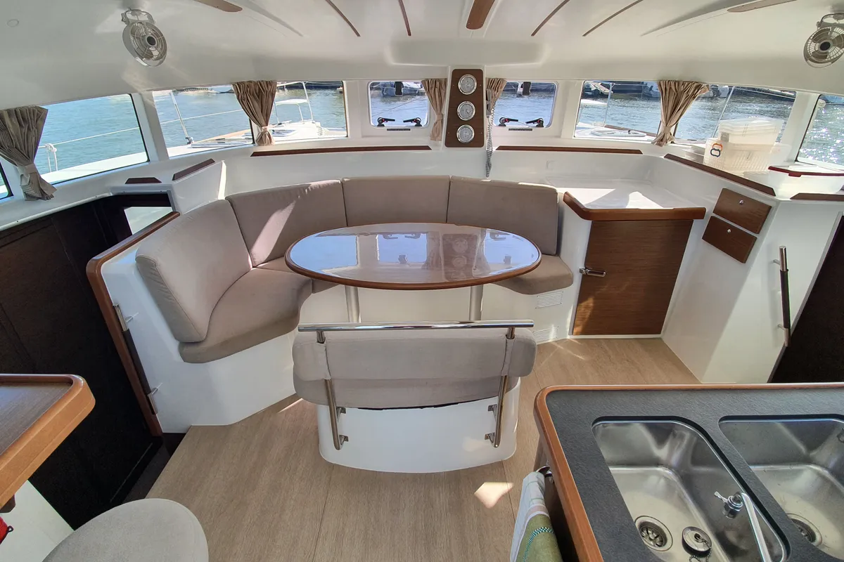 Salon of Tarawa III, a Lagoon 380 catamaran at Hyères, France