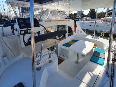 Cockpit of Tarawa III, a Lagoon 380 catamaran at Hyères, France
