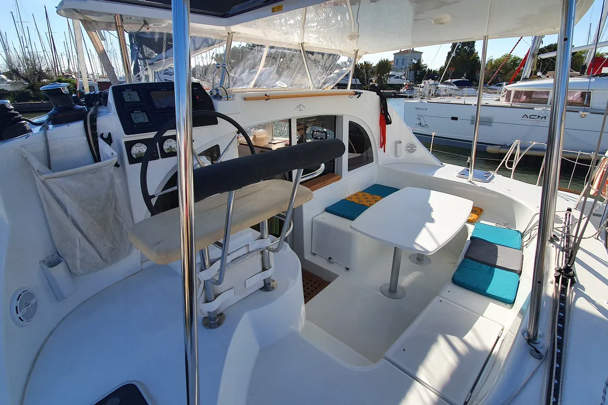 Cockpit of Tarawa III, a Lagoon 380 catamaran at Hyères, France