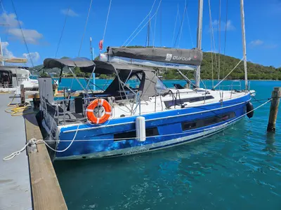 Cockpit of Seabreeze Smile, a Dufour 41 sailboat at Charlotte Amalie, United States