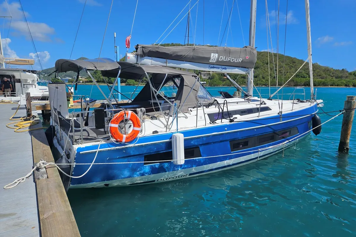 Cockpit of Seabreeze Smile, a Dufour 41 sailboat at Charlotte Amalie, United States