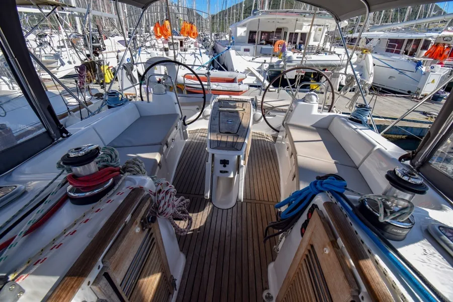 Cockpit of Zezo, a Beneteau Oceanis 40 sailboat at Marmaris, Turkey
