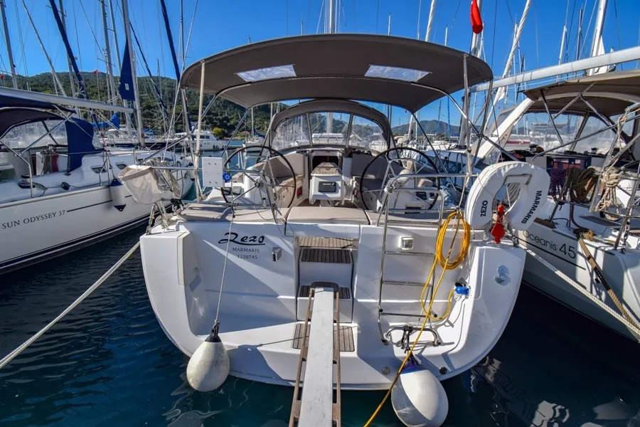 Exterior view of Zezo, a Beneteau Oceanis 40 sailboat at Marmaris, Turkey