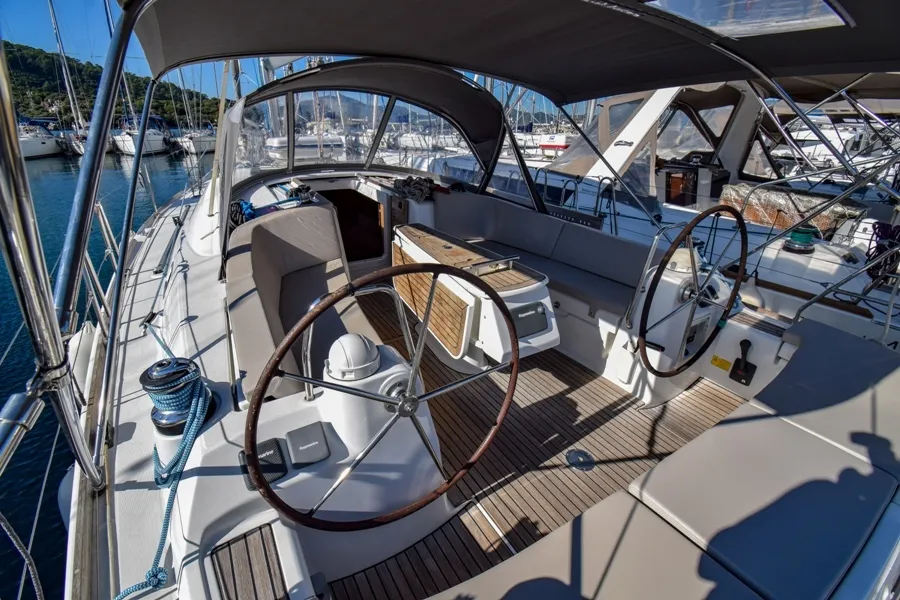 Cockpit of Zezo, a Beneteau Oceanis 40 sailboat at Marmaris, Turkey