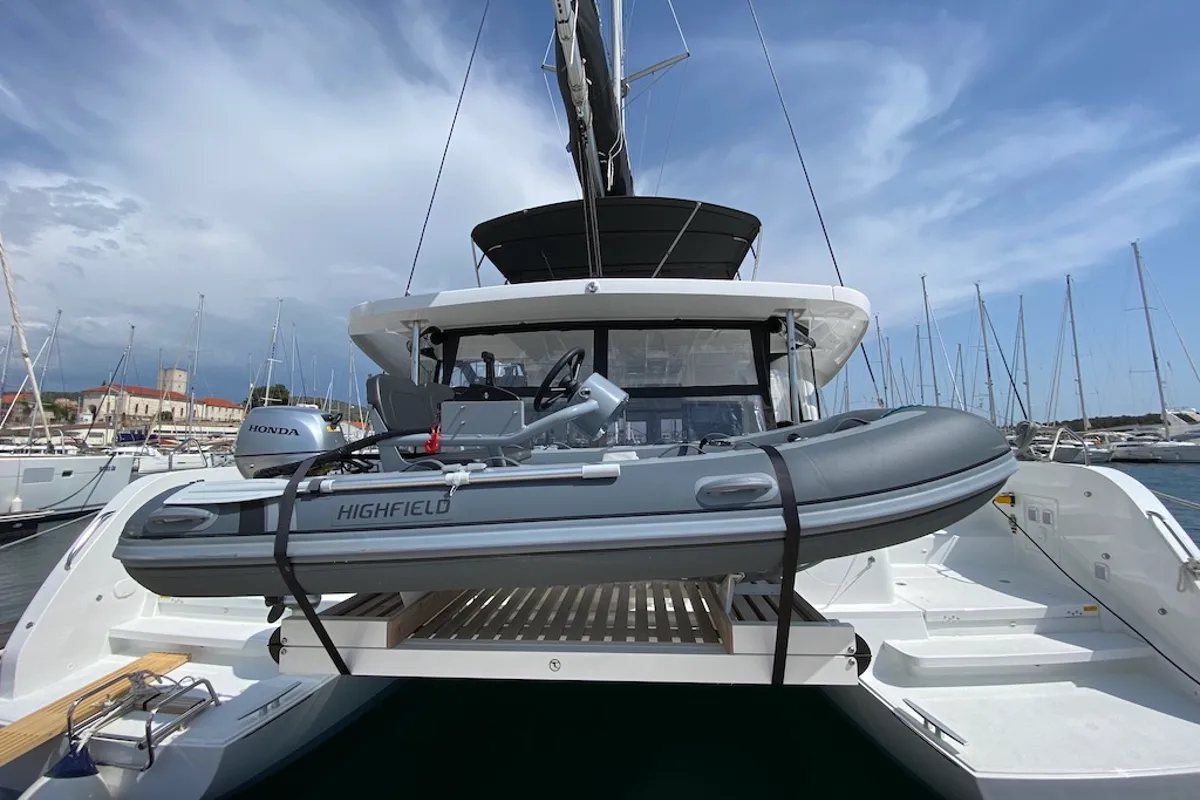 Exterior view of RURU, a Lagoon 46 catamaran at Šibenik, Croatia