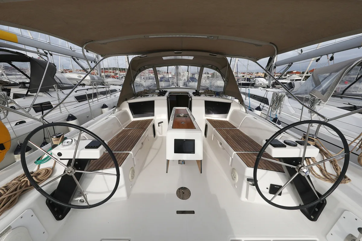 Cockpit of Seeadler, a Dufour 430 sailboat at Grad Vodice, Croatia