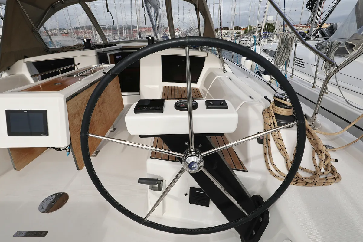 Cockpit of Seeadler, a Dufour 430 sailboat at Grad Vodice, Croatia