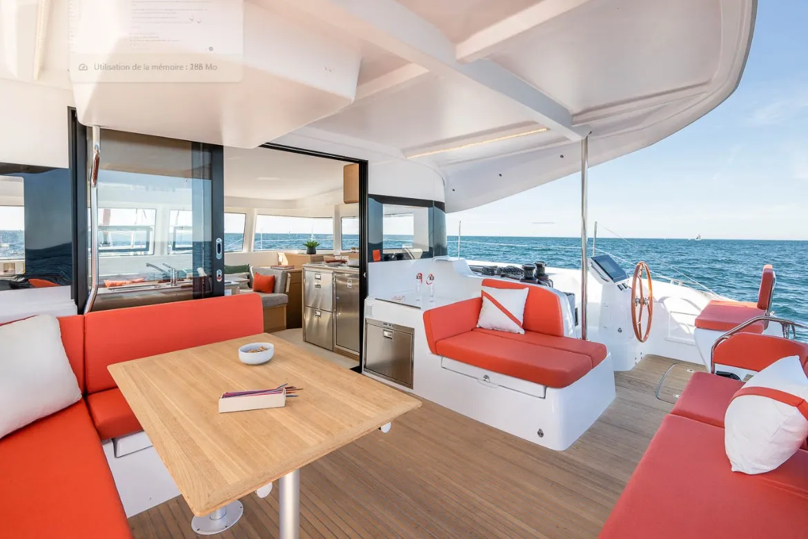 Deck of Comfort, a Excess 14 catamaran at Grimaud, France