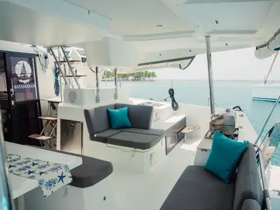 Cockpit of Fountaine Pajot Elba 45, a catamaran at San Blas, Panama