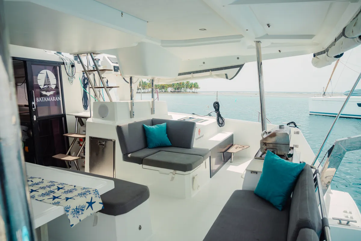 Cockpit of Fountaine Pajot Elba 45, a catamaran at San Blas, Panama
