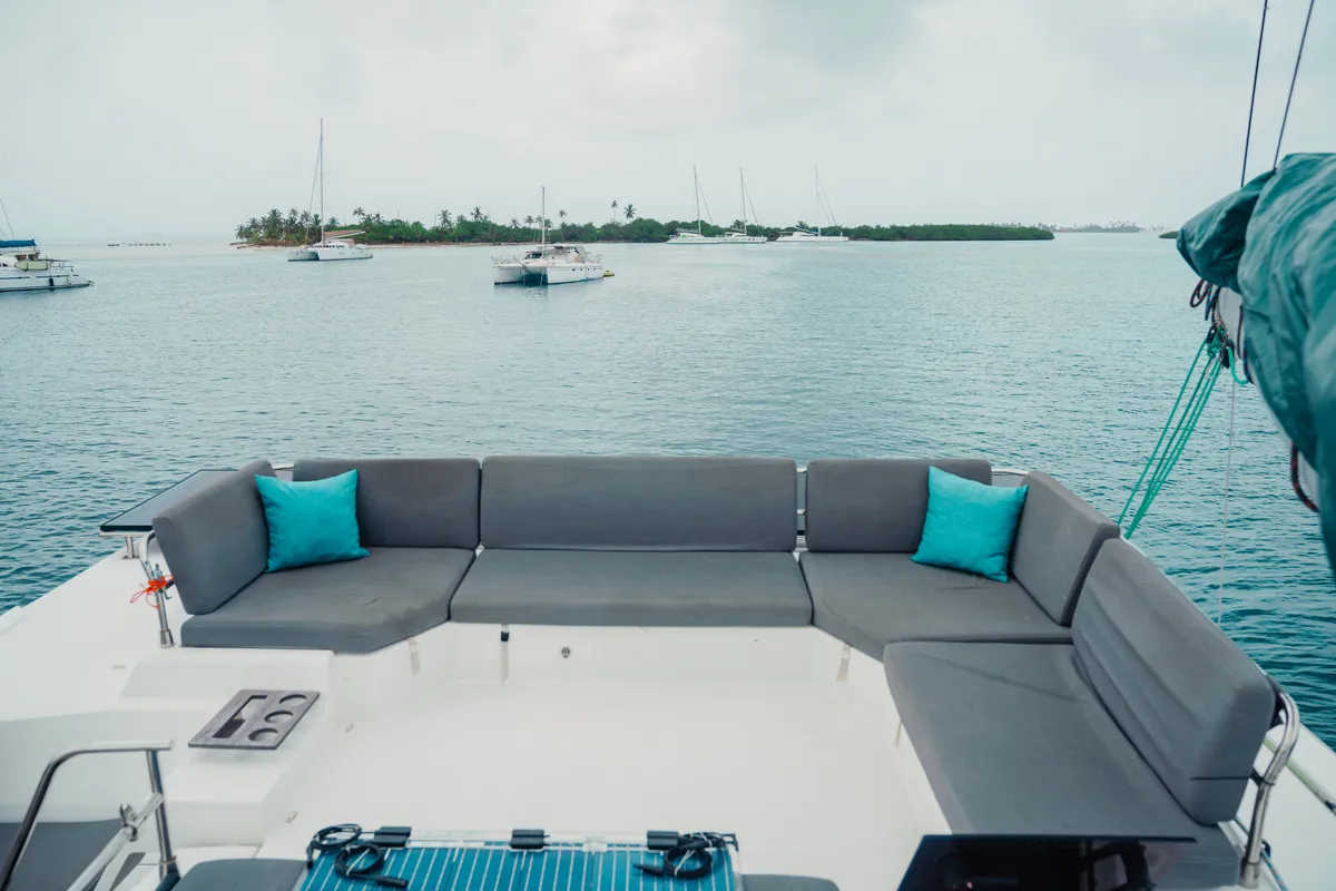 Deck of Fountaine Pajot Elba 45, a catamaran at San Blas, Panama