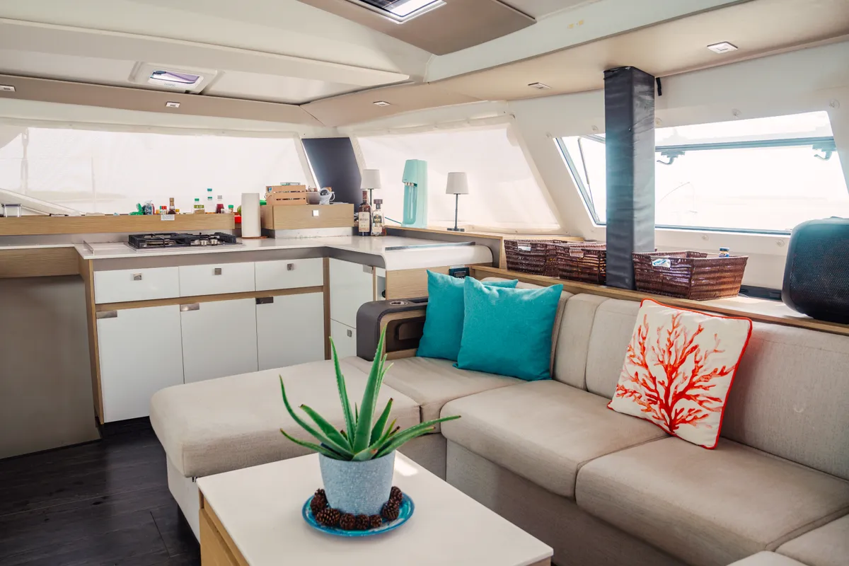 Salon of Fountaine Pajot Elba 45, a catamaran at San Blas, Panama