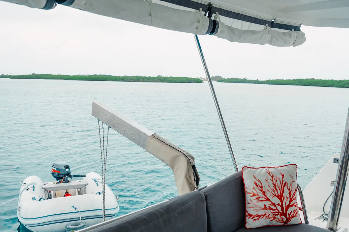 Deck of Fountaine Pajot Elba 45, a catamaran at San Blas, Panama