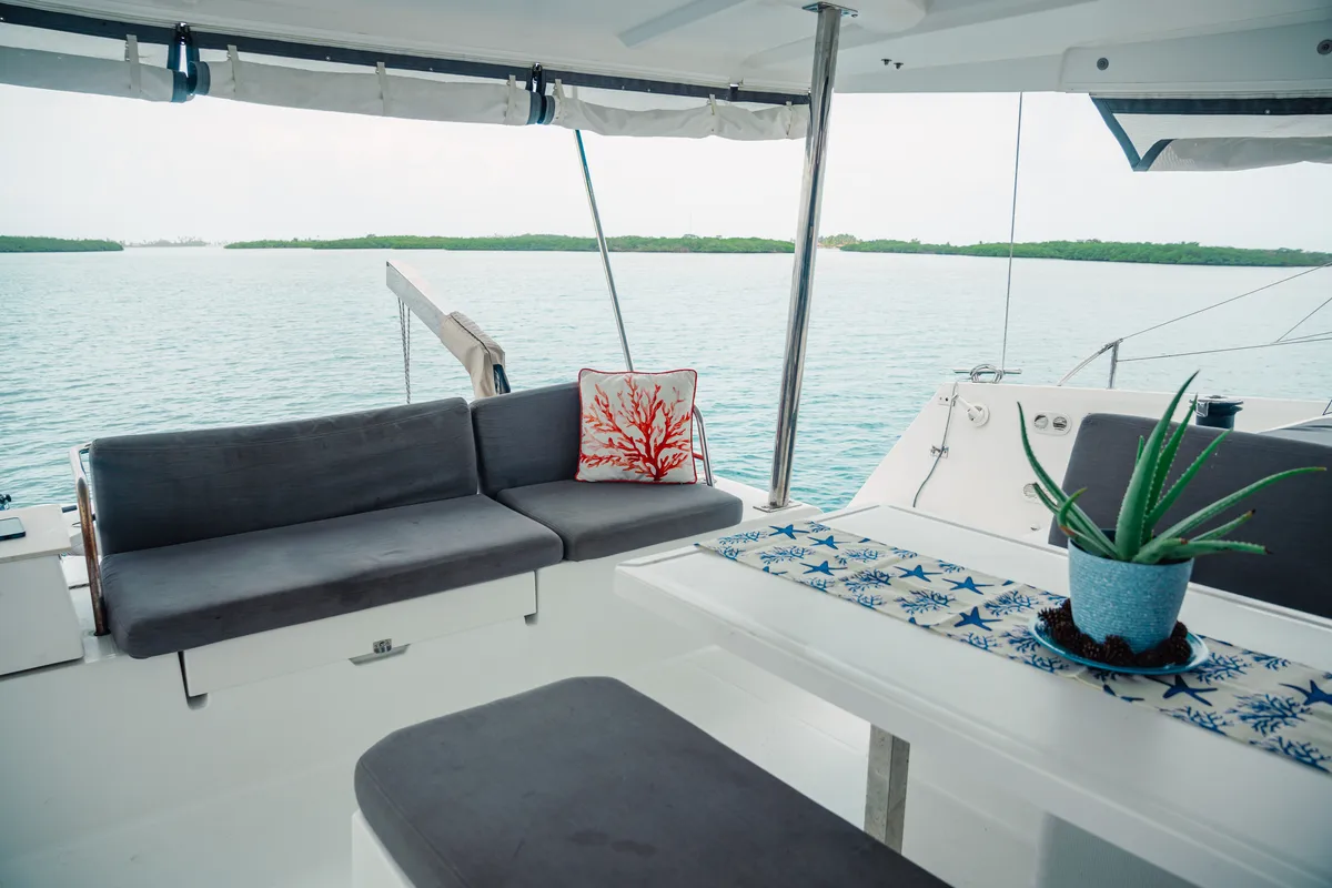 Deck of Fountaine Pajot Elba 45, a catamaran at San Blas, Panama