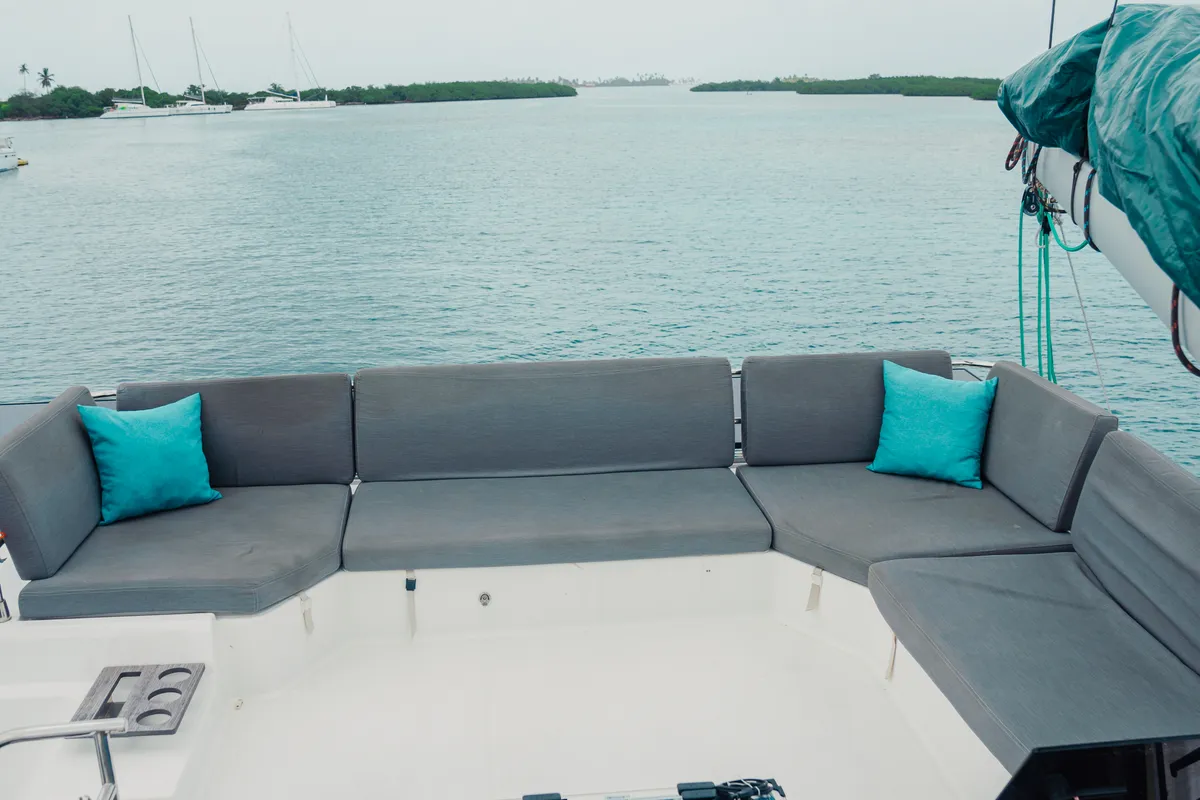 Deck of Fountaine Pajot Elba 45, a catamaran at San Blas, Panama