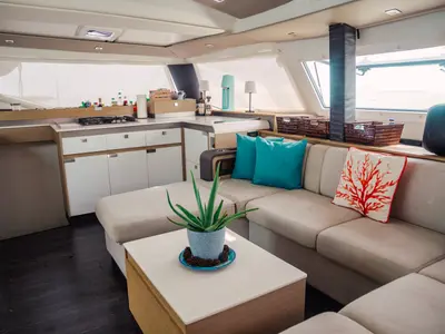 Salon of Fountaine Pajot Elba 45, a catamaran at San Blas, Panama