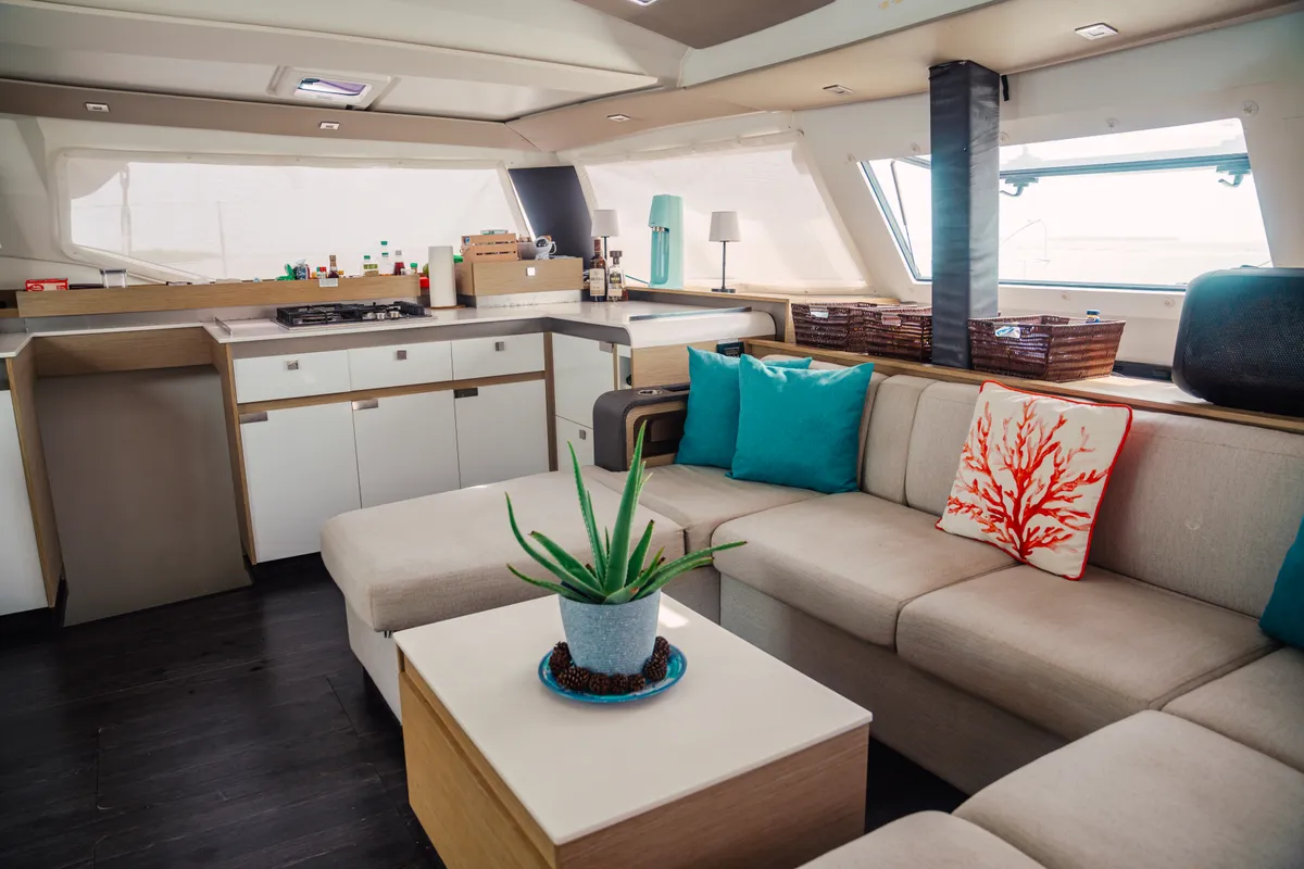 Salon of Fountaine Pajot Elba 45, a catamaran at San Blas, Panama