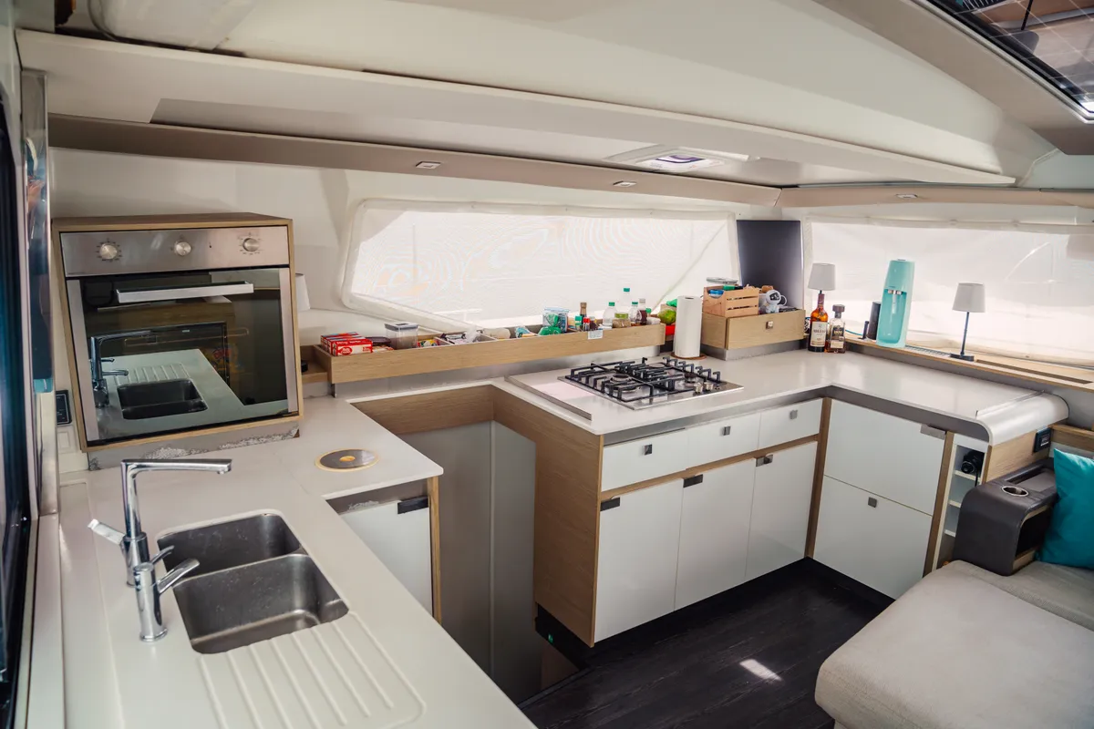 Galley of Fountaine Pajot Elba 45, a catamaran at San Blas, Panama