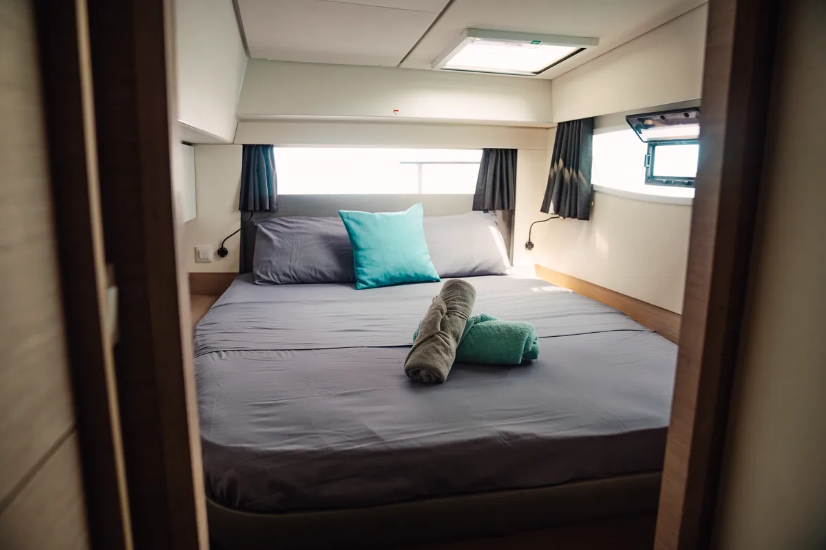 Cabin on Fountaine Pajot Elba 45, a catamaran at San Blas, Panama