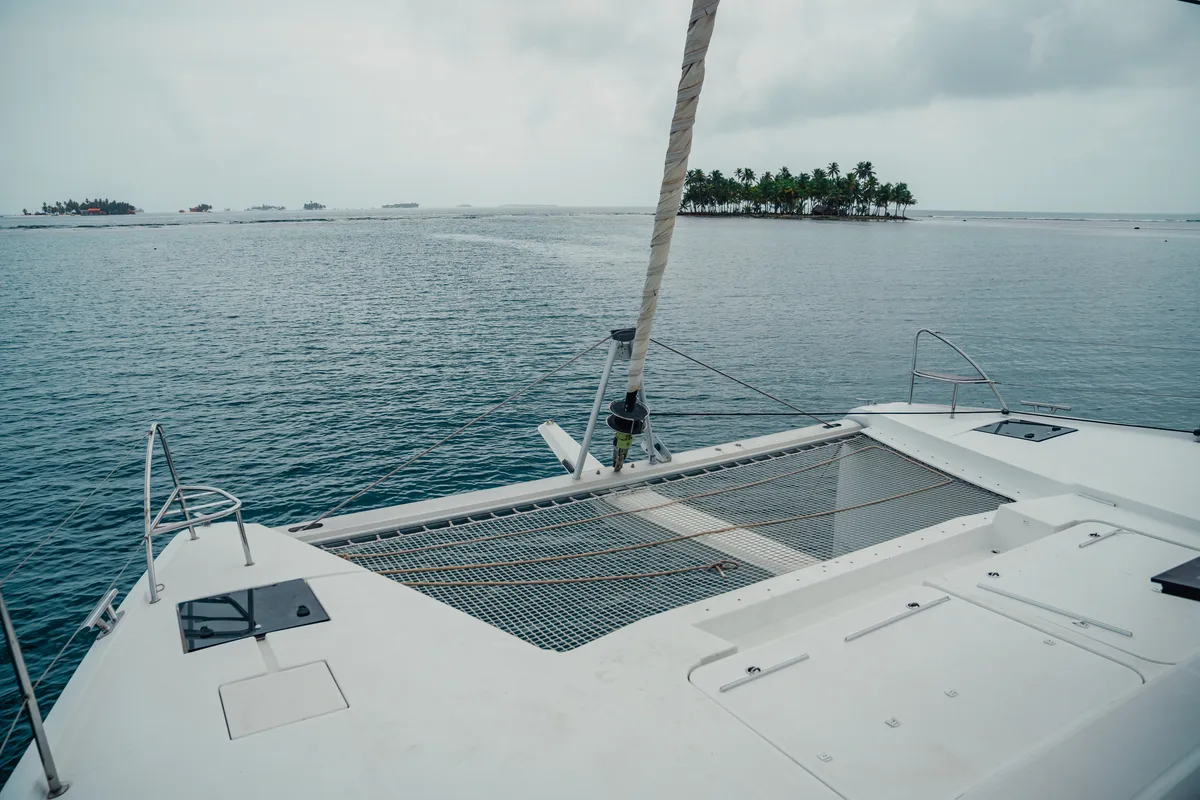 Deck of Fountaine Pajot Elba 45, a catamaran at San Blas, Panama