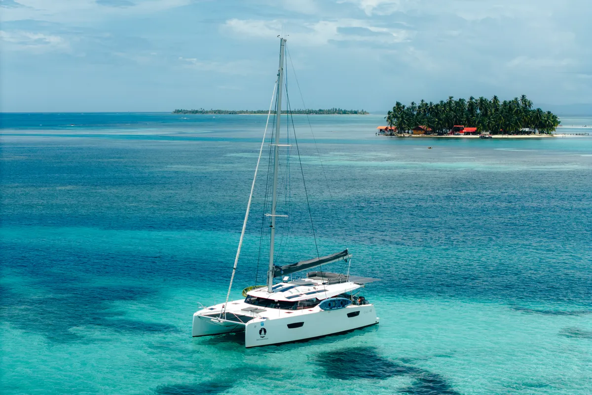 Exterior view of Fountaine Pajot Elba 45, a catamaran at San Blas, Panama
