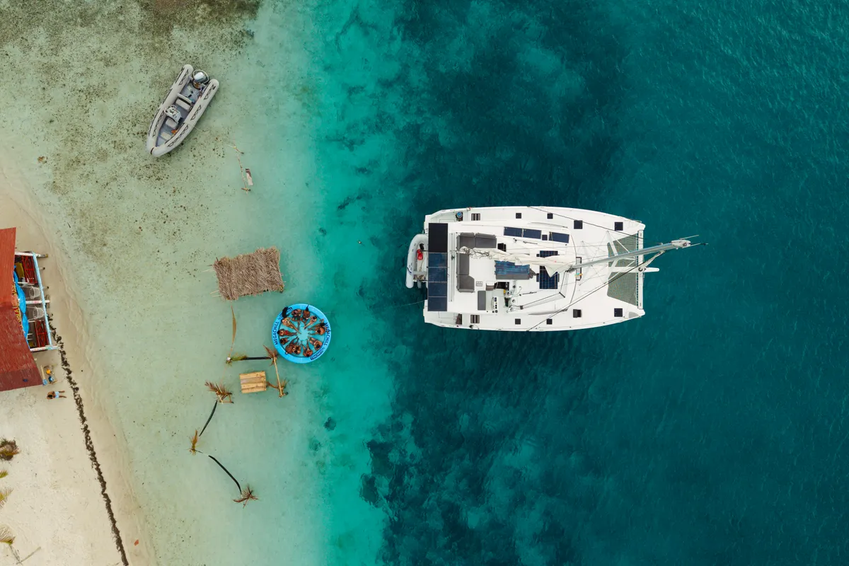 Exterior view of Fountaine Pajot Elba 45, a catamaran at San Blas, Panama