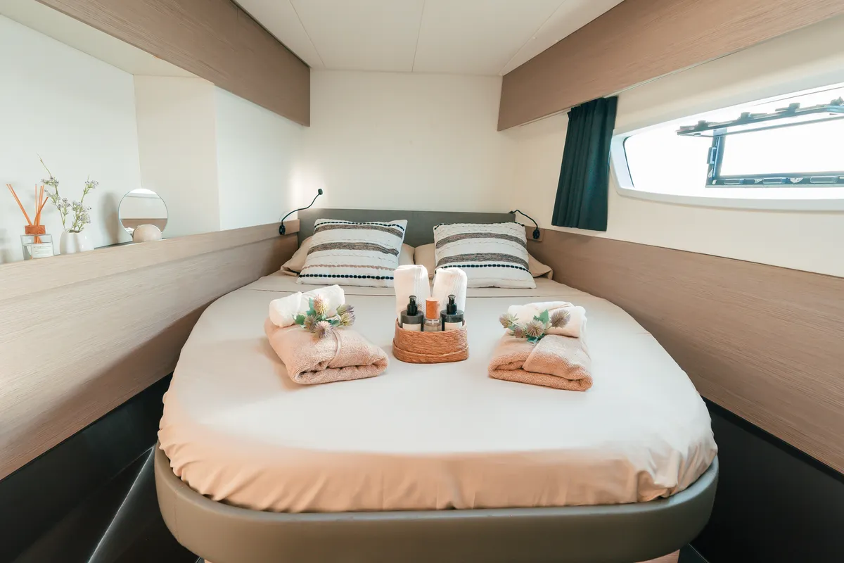 Cabin on Fountaine Pajot Elba 45, a catamaran at San Blas, Panama