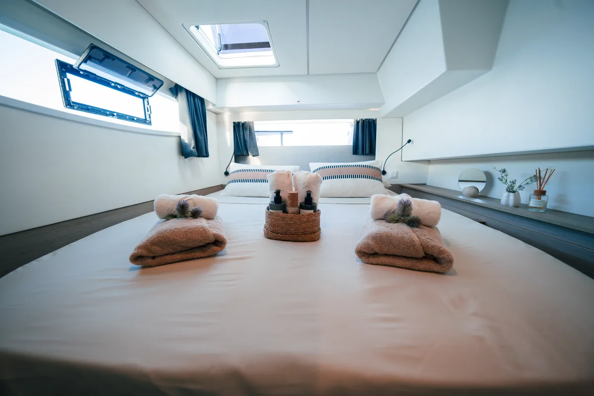 Cabin on Fountaine Pajot Elba 45, a catamaran at San Blas, Panama