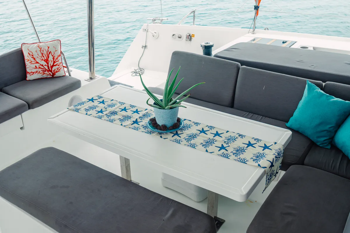 Deck of Fountaine Pajot Elba 45, a catamaran at San Blas, Panama