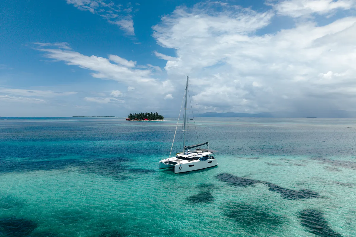 Exterior view of Fountaine Pajot Elba 45, a catamaran at San Blas, Panama