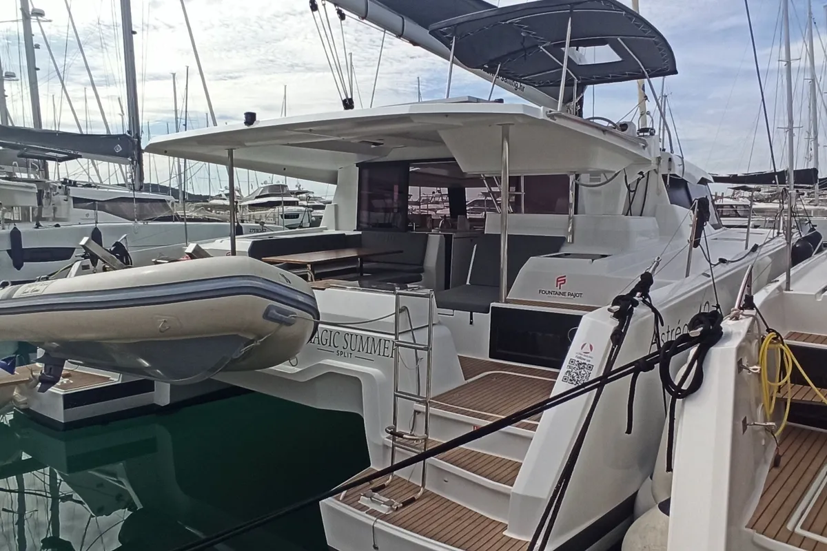 Exterior view of Magic Summer, a Fountaine Pajot Astréa 42 catamaran at Seget Donji, Croatia